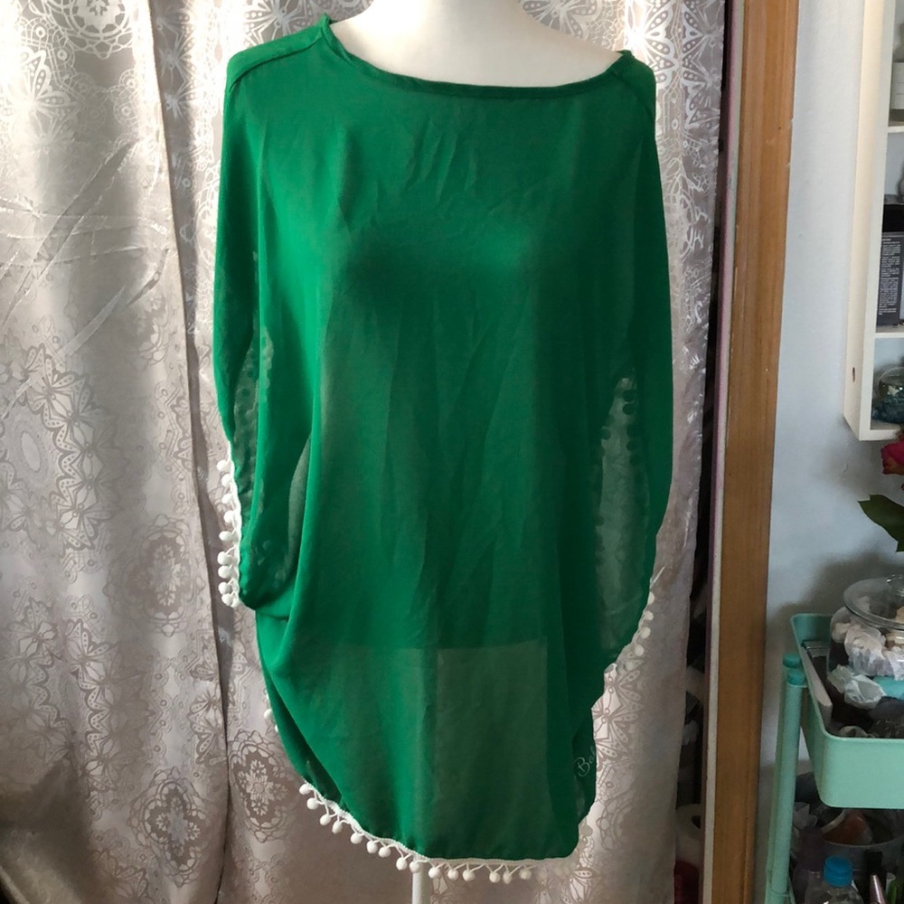 Bride Babe Green Beach Coverup with Pom Poms OS